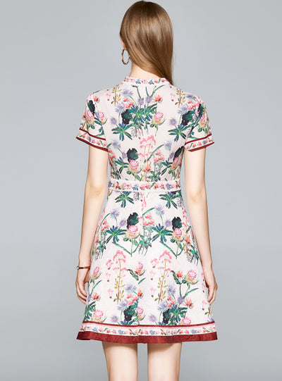 A-line Female Collar Waist Print Dress