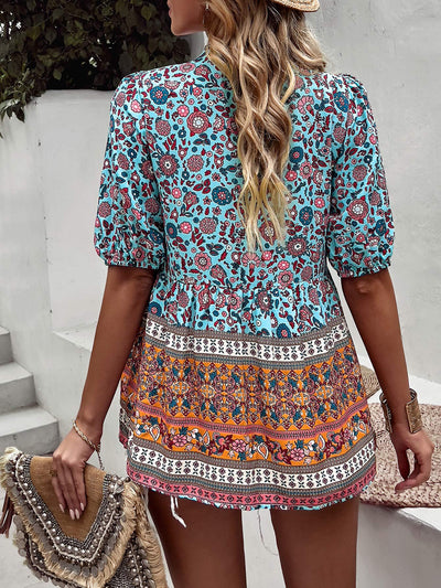 Fringed V-neck Printed Casual Shirt