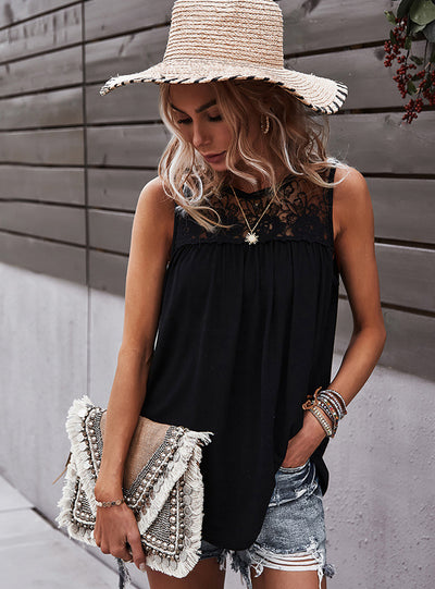 Online Celebrity Stitching Sleeveless Lace T-shirt