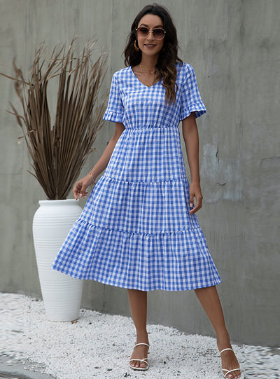 Summer Plaid Print Short Sleeve Dress
