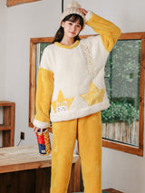 Yellow Star Cat Coral Velvet Pajamas Women Add Velvet