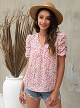 V-neck bubble sleeve printed short sleeve blouse