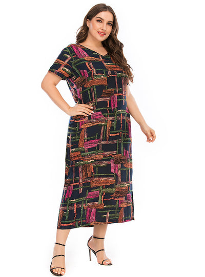 Casual Printed Split V-neck Short Sleeve Dress