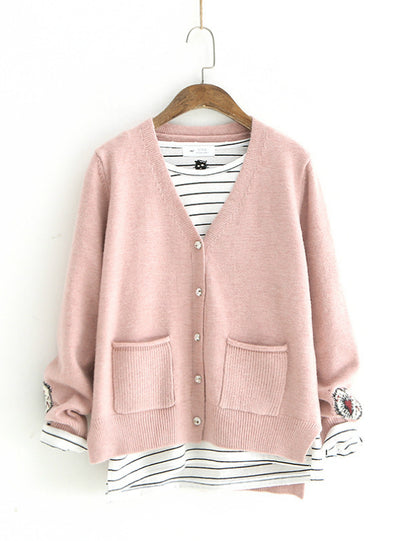 Knitted Cardigan V neck Back Flower Long Sleeve