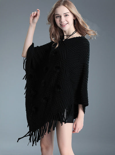 Fringed Sweater Fur Ball Shawl Cape Knitted Shawl