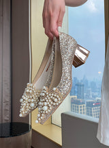 Thick-heeled Pearls Pointed High Heels