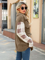 Plush Lapel Long Sleeve Spliced Flannel Plaid Coat