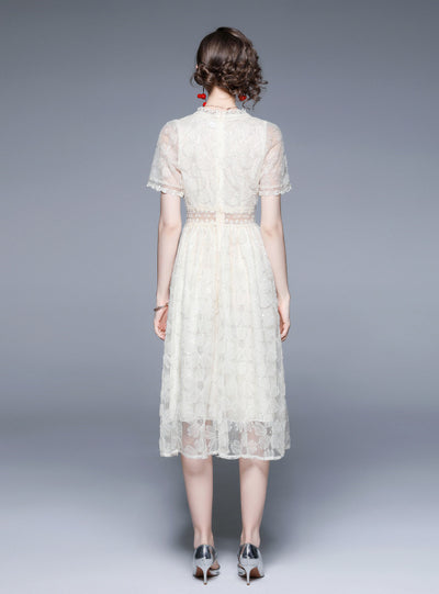 White Lace Summer V-neck Short Sleeve Dress