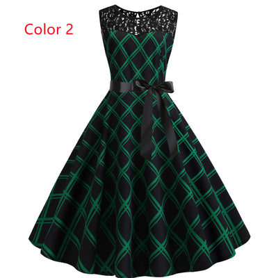 Retro Printed Sleeveless Lace Stitching Dress