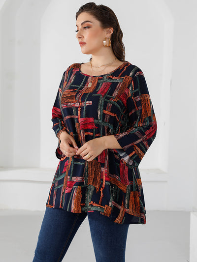 Printed Round Neck Trumpet Sleeve Irregular Hem T-shirt