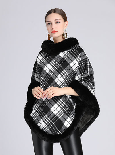 Plaid Plus Imitation Rex Rabbit Fur Collar Shawl Knitting