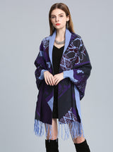 Printed Bat Sleeve Knitted Cardigan Shawl Tassels