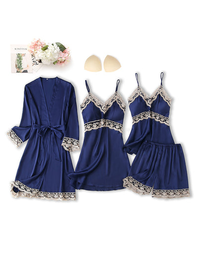 Silk-like Pajamas Four-piece Sling Long Sleeve Nightgown