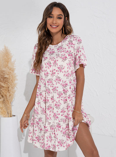 Round Neck Floral Lotus Leaf Sleeve Loose Dress