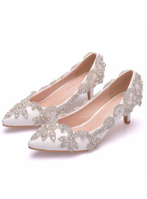 Rhinestone-heeled Pointed Shallow Wedding Shoes
