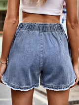 Raw-edge Bud Denim Elastic Waist Shorts