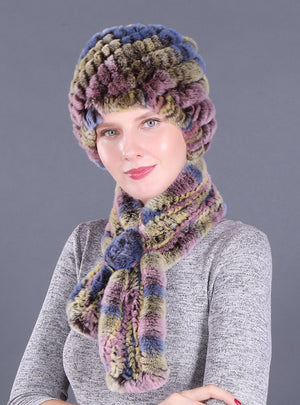 Warm Pineapple Rex Rabbit Fur Hat Scarf Set