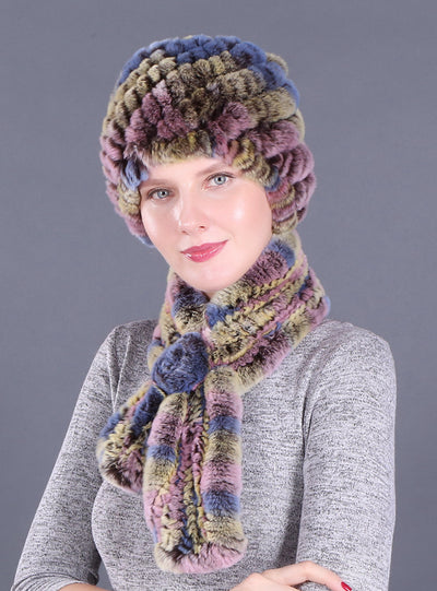 Warm Pineapple Rex Rabbit Fur Hat Scarf Set