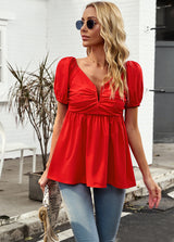 V-neck Short-sleeved Solid Color Shirt