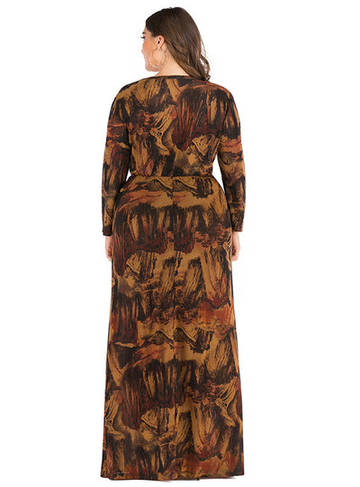 Retro Round Neck Printed Long Sleeve Pocket Dress