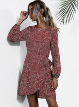 Retro Long Sleeve Leopard Print Irregular Dress