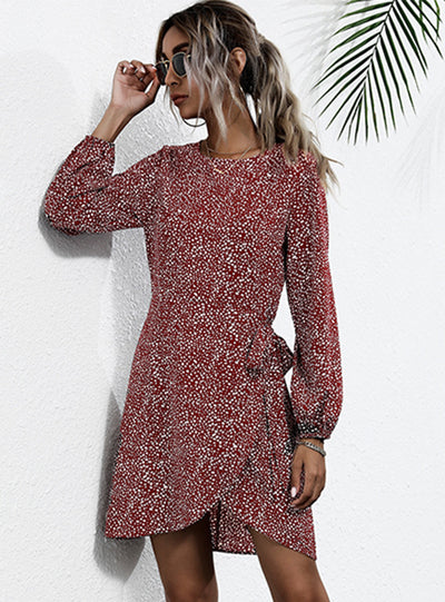 Retro Long Sleeve Leopard Print Irregular Dress