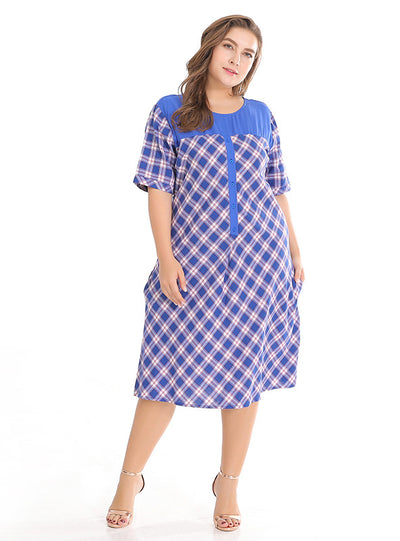 Large Size Loose Slim Stitching Plaid Dress
