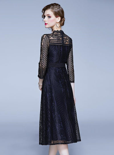 Black Openwork Stitching Lace Dress