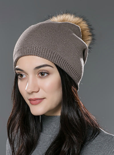 Hat Wool Knitted Beanies Cap Fox Fur