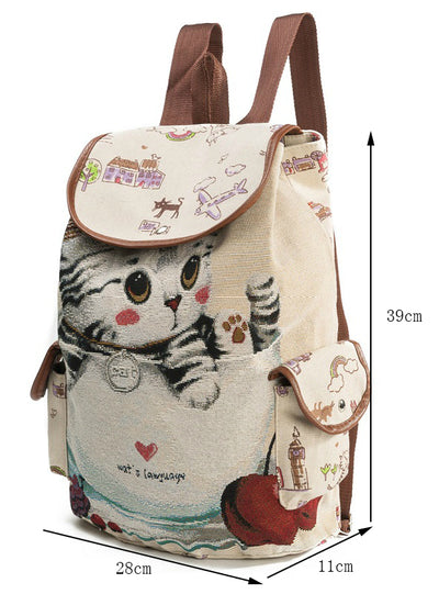 Cute Cat Backpack Women Canvas Backpack Drawstring 