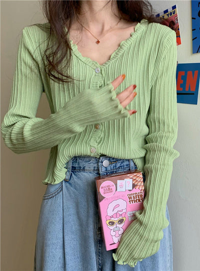 Women V-Neck Thin Cardigan Long Sleeve Button Slim Knitted Sweater