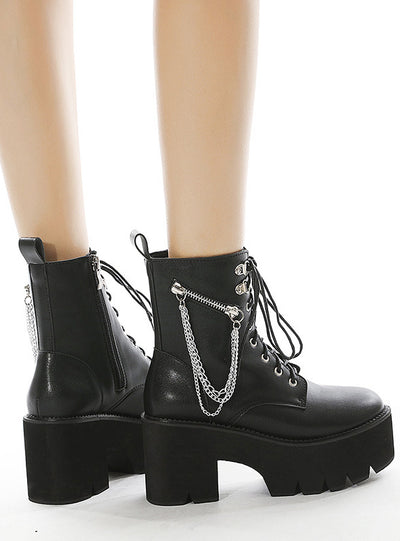 Front Zipper British Style Thick Heel Platform Booties
