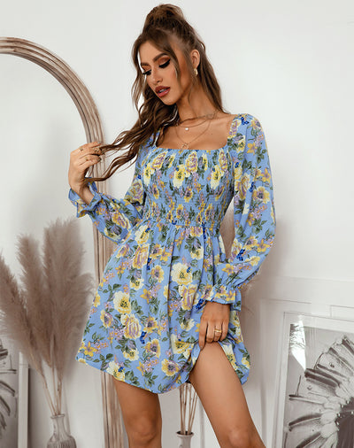 Printed Off the Shoulder Long Sleeve Dress