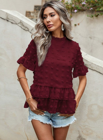 Lotus Leaf Short Sleeve Round Neck Lace Blouse