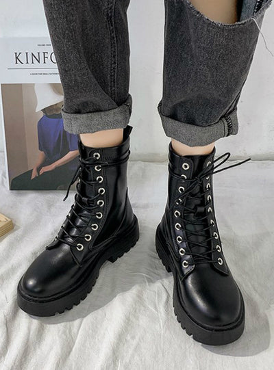 Women PU Leather Ankle Boots Round Toe Lace Up Shoes