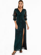 Retro Green Sequined Short Sleeve Dress