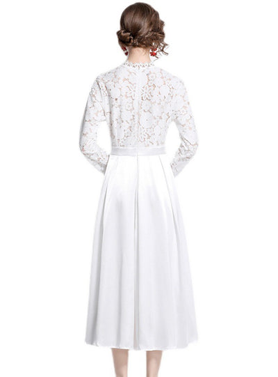 Long SLeeve Lace Stitching Satin Dress