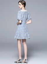 Embroidered Lace Collar Waist Ruffled Dress