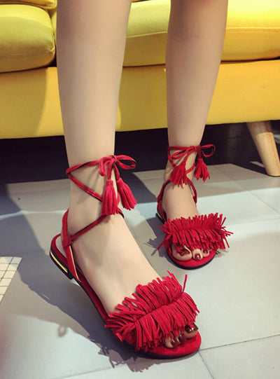 Fur Ankle Strap Gladiator Sandals Women Flats 