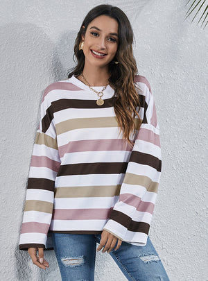 Round Neck Striped Multicolor Printed Casual T-shirt
