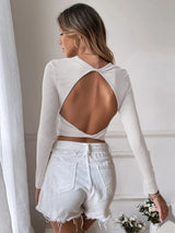 Sexy Backless Short Slim Knit Long Sleeve T-shirt