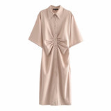 Women Chic Fashion Button-up Draped Midi Shirt Dress