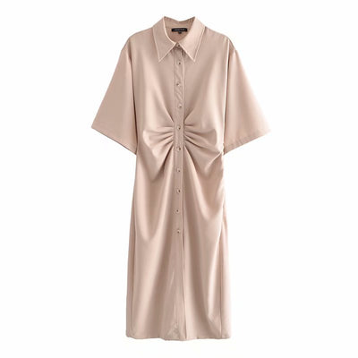 Women Chic Fashion Button-up Draped Midi Shirt Dress