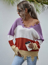 Cut Sringed V-neck Color Matching Sweater