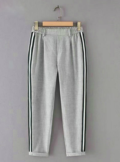 Elegant Side Stripe Black Pants Elastic Waist Ladies