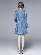 Long Sleeve Perspective Mesh Stitching Denim Dress