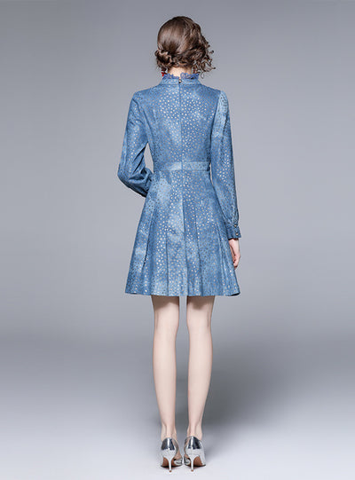 Long Sleeve Perspective Mesh Stitching Denim Dress