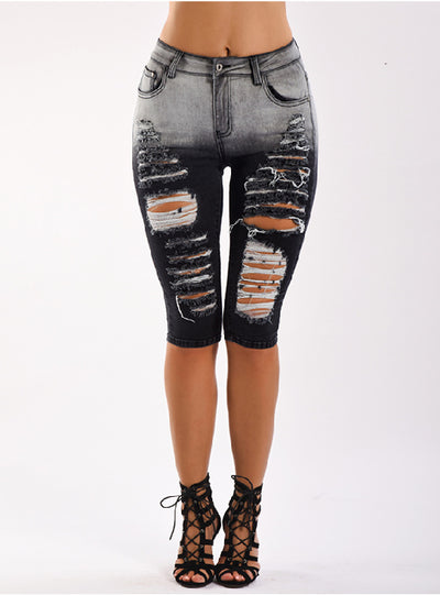 Stretch Hole Straight Black Jeans Pants