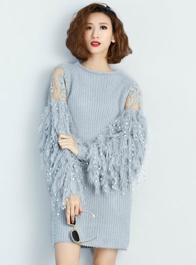 Winter Fur Spliced Long Sleeves Knitted Sweaters Dress 