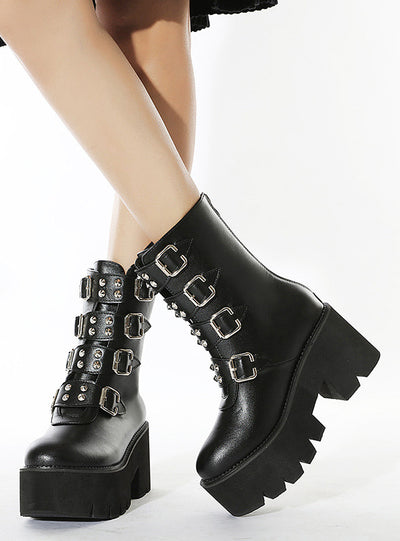 Black Tube Microfiber Thick-soled High Heel Boots